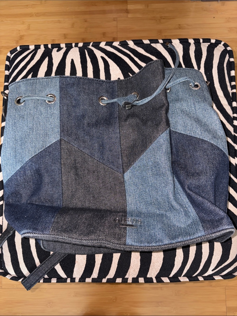 Guess Two-Tone Patchwork Denim Drawstring Shoulder Bag - Dark Blue, Light Blue
